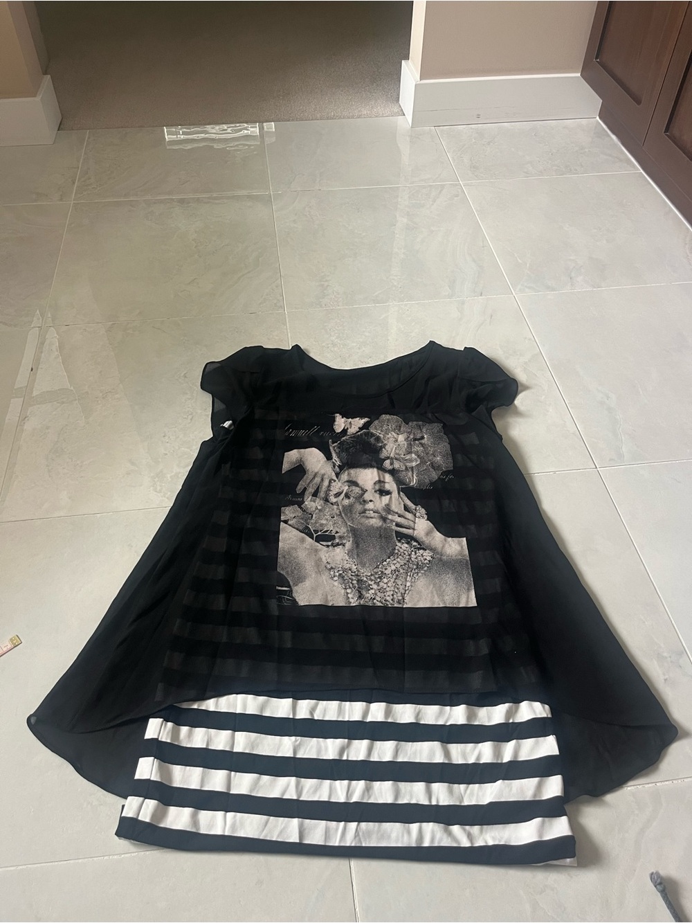 Vintage Black Graphic Layered Dress with Striped Hem
